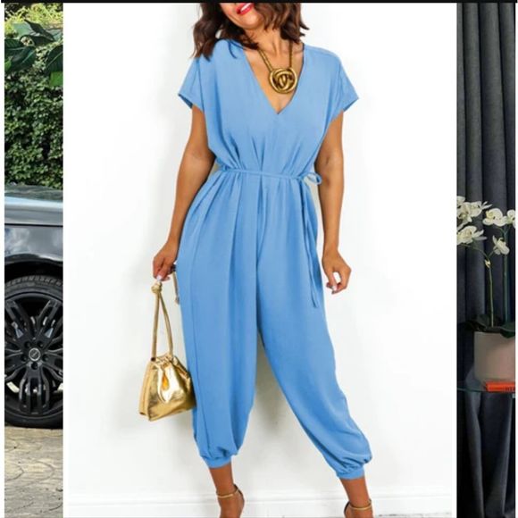 "Azure" Short Sleeve Belted V-Neck Jumpsuit Size Small - Picture 1 of 5